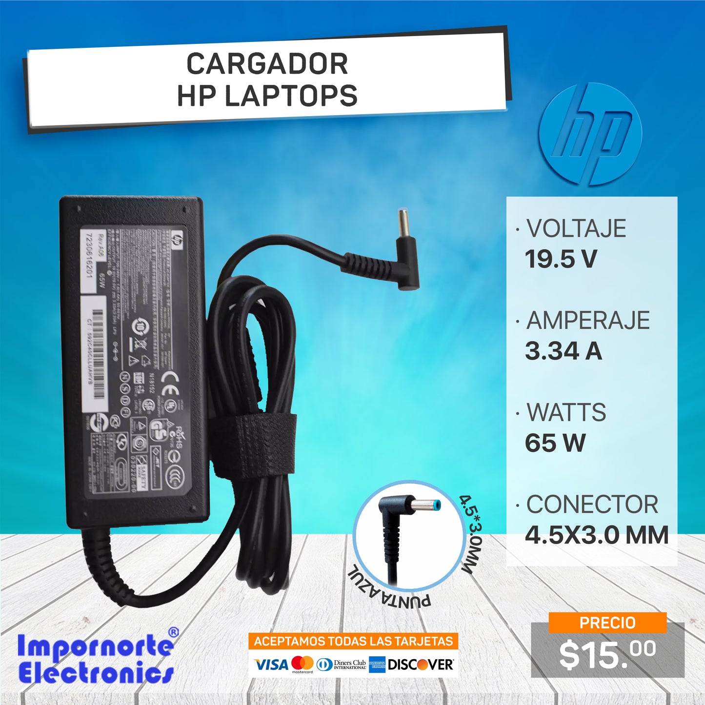 Cargador HP 19.5v 3.34a 65w 4.5*3.0mm