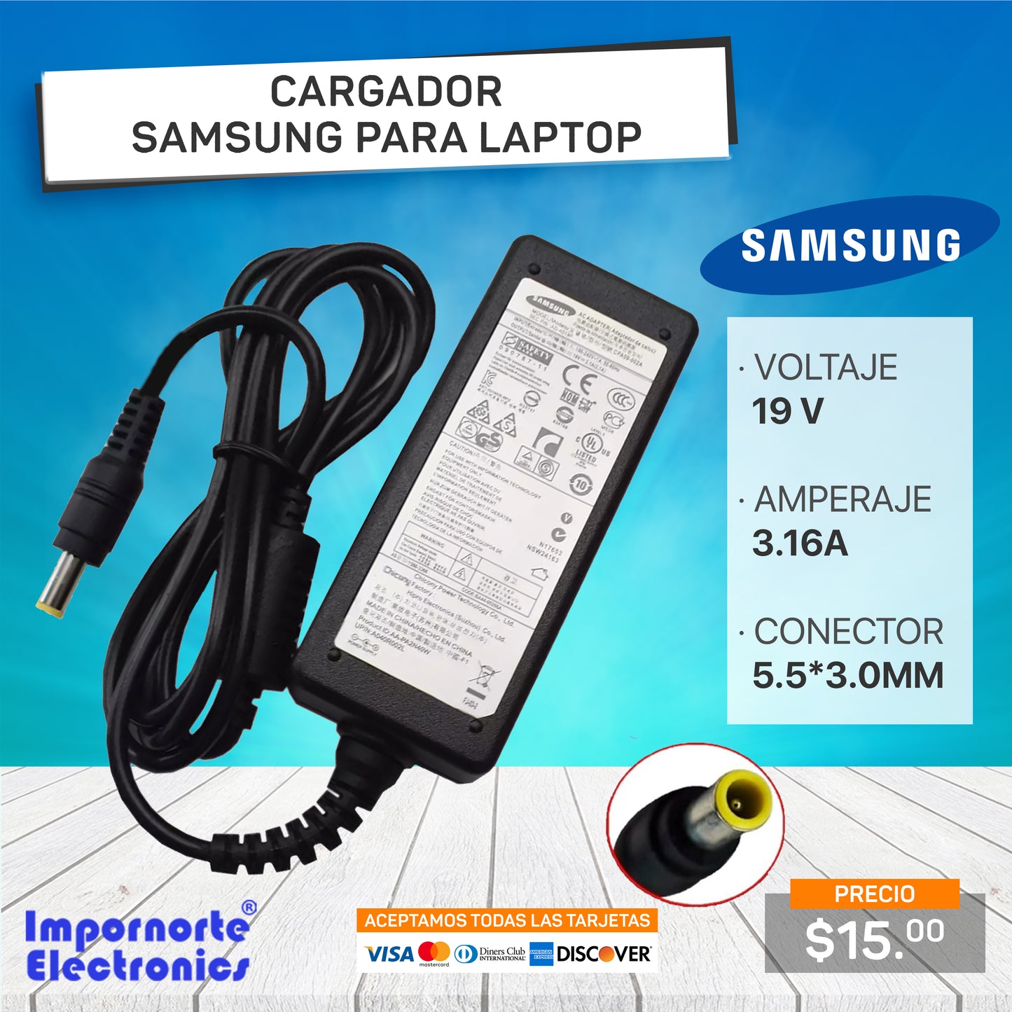 Cargador Samsung 19v 3.16a 5.5*3.0mm