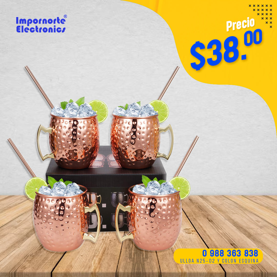 Moscow Mule - Juego de 4 tazas de cobre martillado Moscow Mule | Forro de acero inoxidable, tazas chapadas de cobre con asas de latón dorado