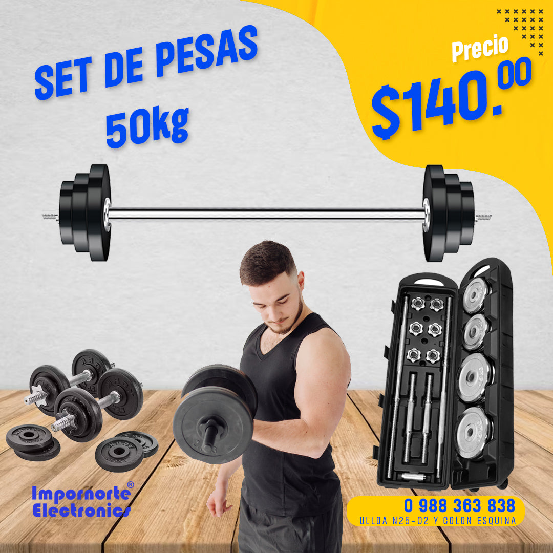 Set de Pesas de 50 kg con barra olimpica y mancuernas