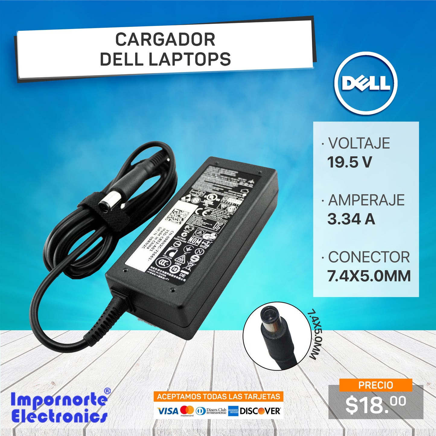 Cargador Dell 19.5v 3.34A 7.4*5.0mm