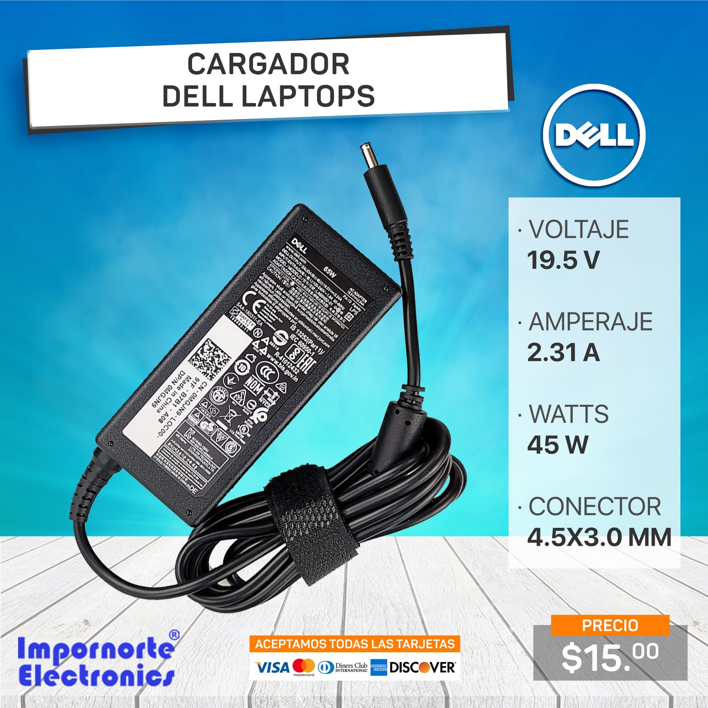 Cargador Dell 19.5v 2.31a 45w 4.5*3.0mm