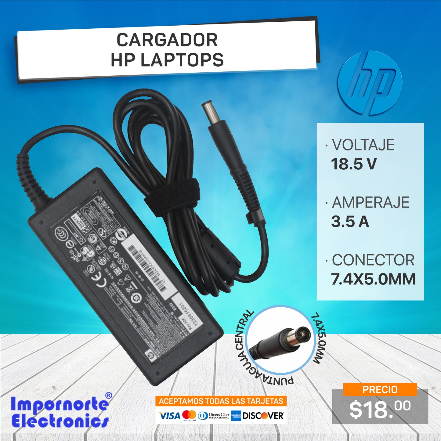 Cargador HP 18.5v 3.3a 7.4*5.0mm