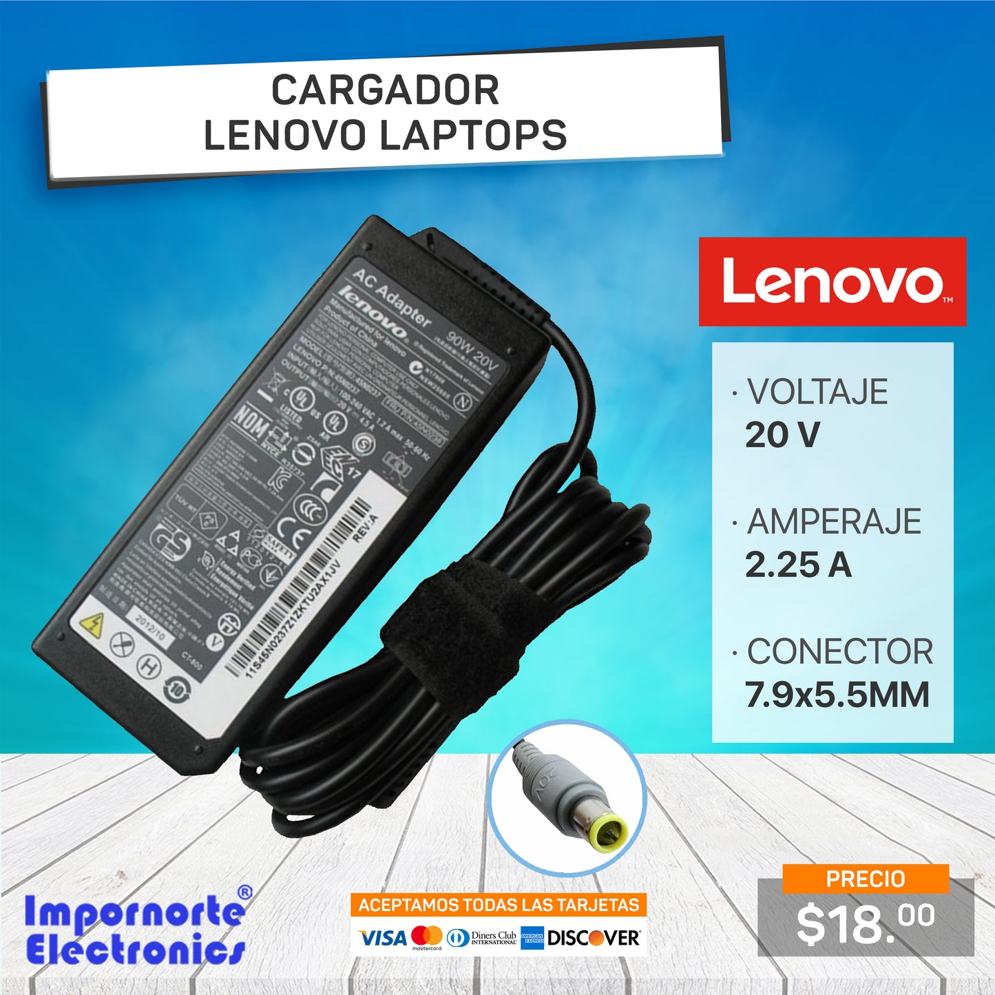 Cargador Lenovo 20v 2.25a 7.9*5.5mm