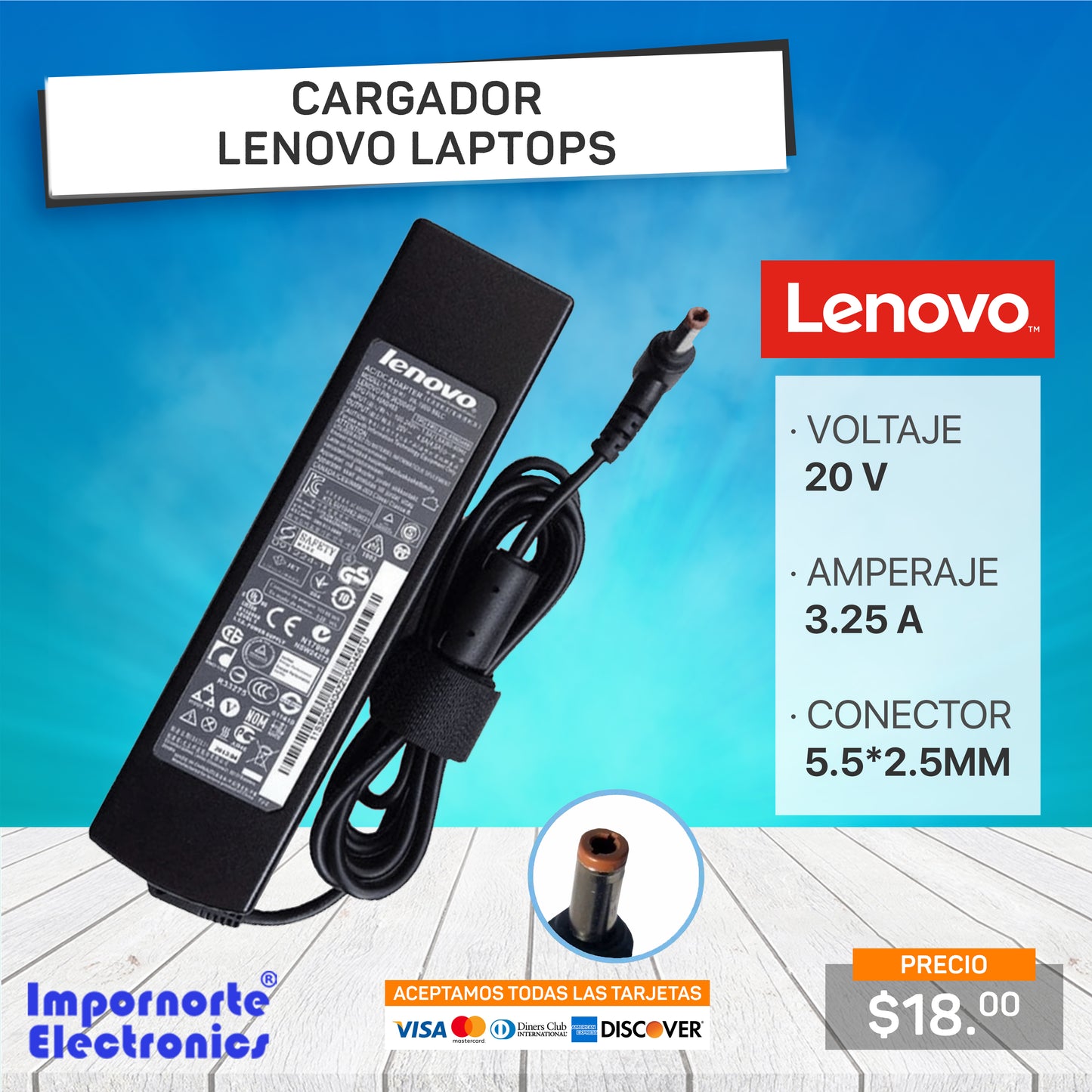 Cargador Lenovo 20v 3.25a 5.5*2.5mm