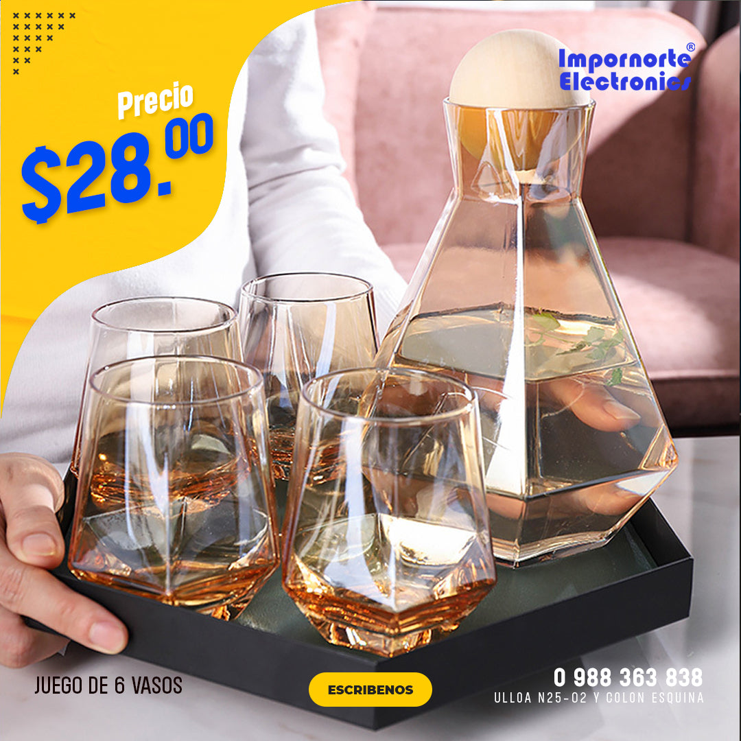 Vaso de vidrio con geometría hexagona para vino tinto con diseño de brandy